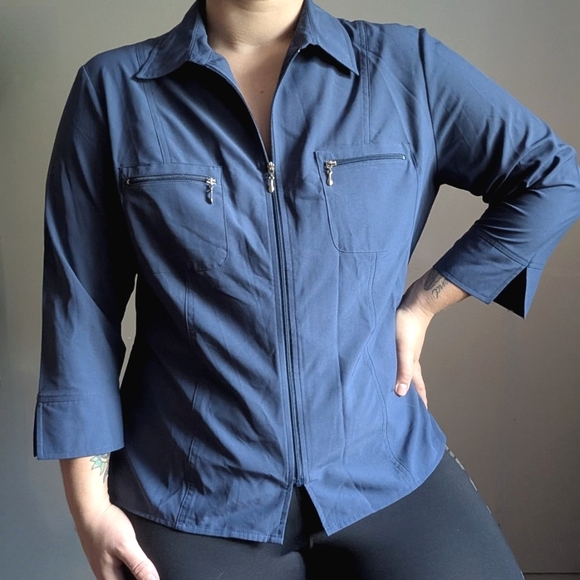 Kathy Che Blue Zip Front Collared Top - Picture 1 of 10